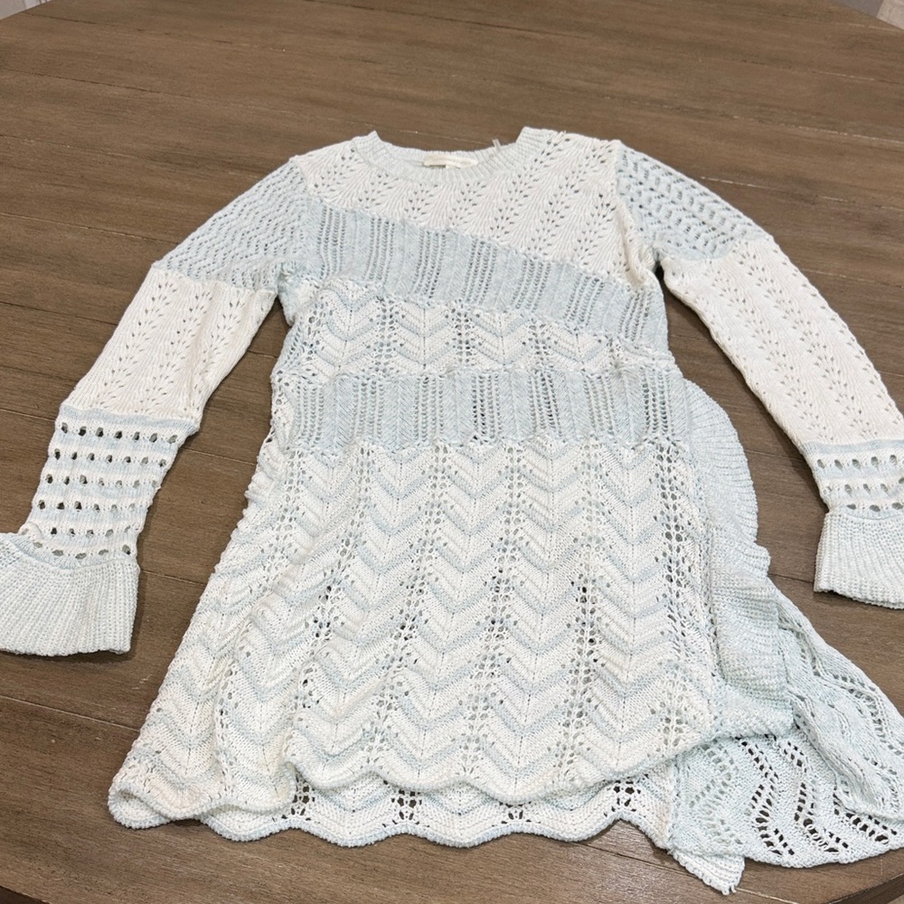 LoveShackFancy White and Light Blue Long Sleeve Dress